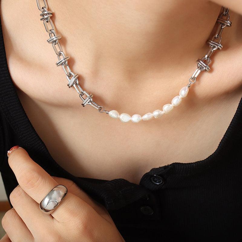 Personalized Freshwater Pearl Zircon Stitching Chain Necklace - Trendha