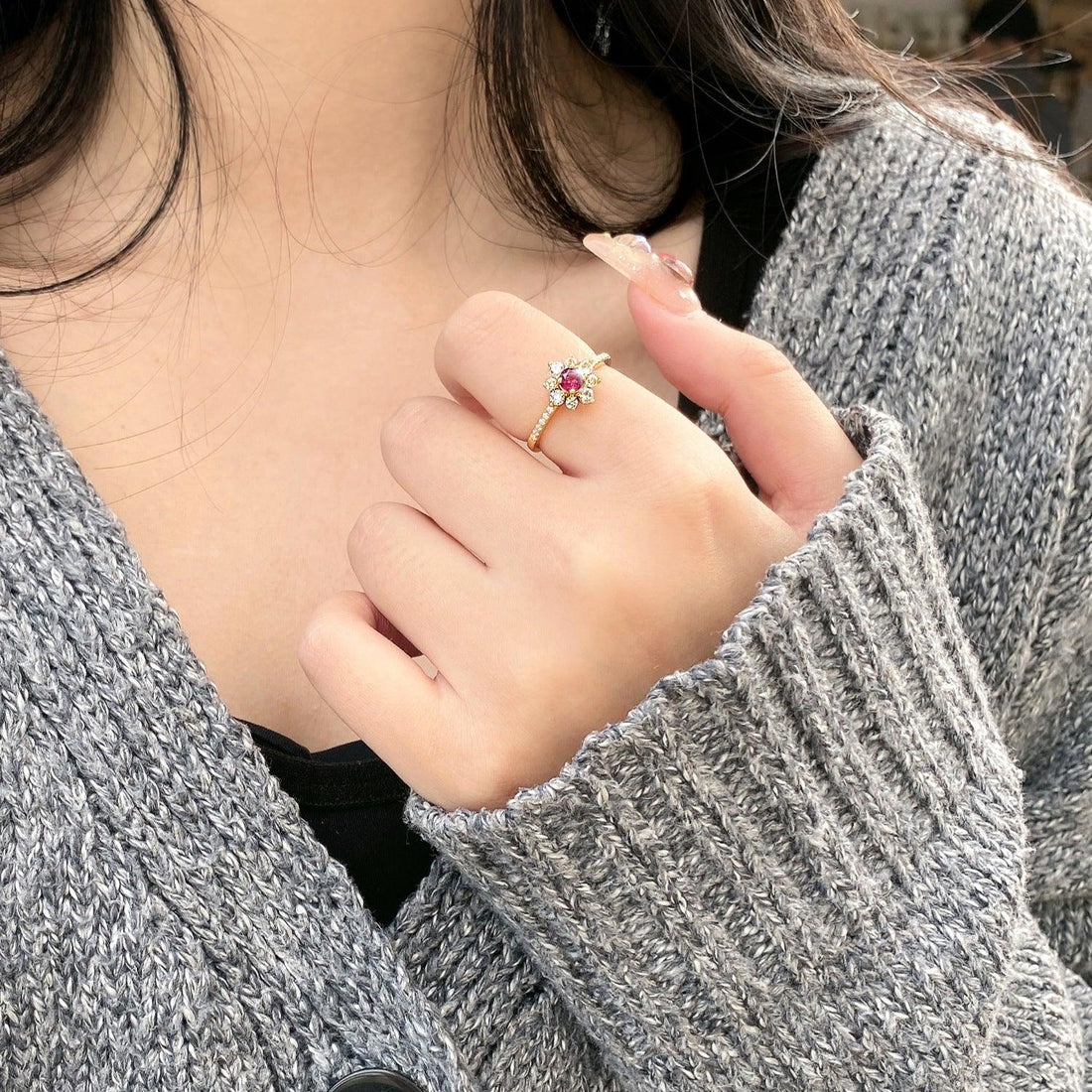 Adjustable 925 Silver Ring with Red Stone Accent