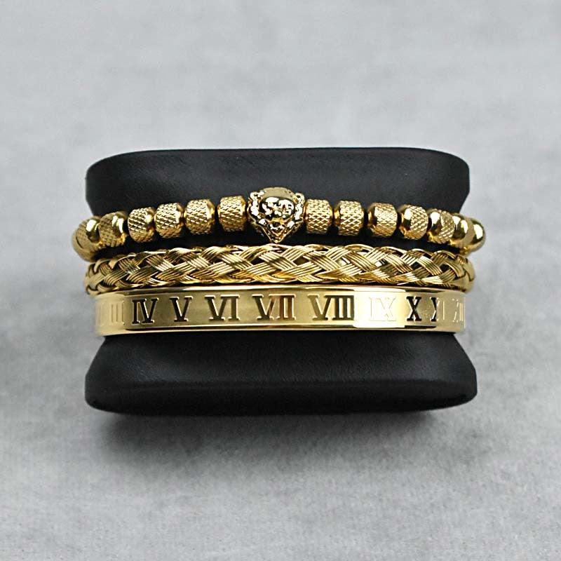 Pineapple Beads Mesh Stainless Steel Lion's Head Braided Bracelet Suit