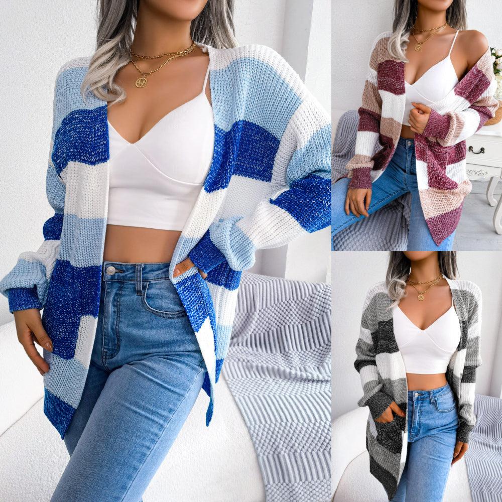 Plaid Sweater Women Casual Lantern Sleeves Cardigan Jacket Outerwear Clothes - Trendha