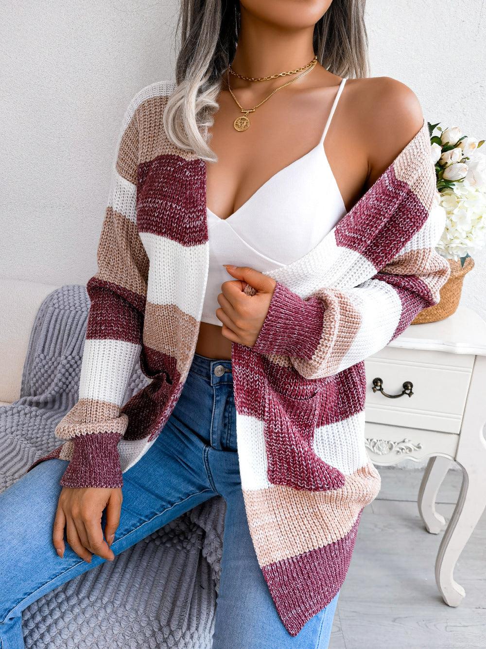 Plaid Sweater Women Casual Lantern Sleeves Cardigan Jacket Outerwear Clothes - Trendha