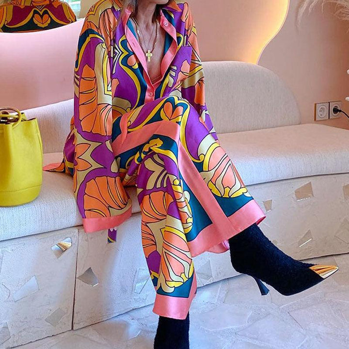Plus Size Printed Long Sleeve Shirt Ethnic-style Trousers Suit - Trendha