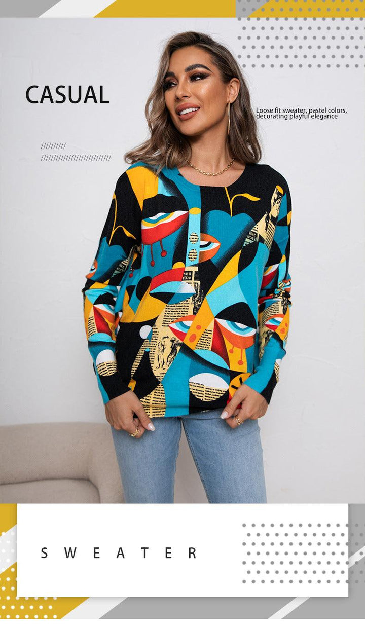 Printed Round Neck Pullover Knitted Sweater - Trendha