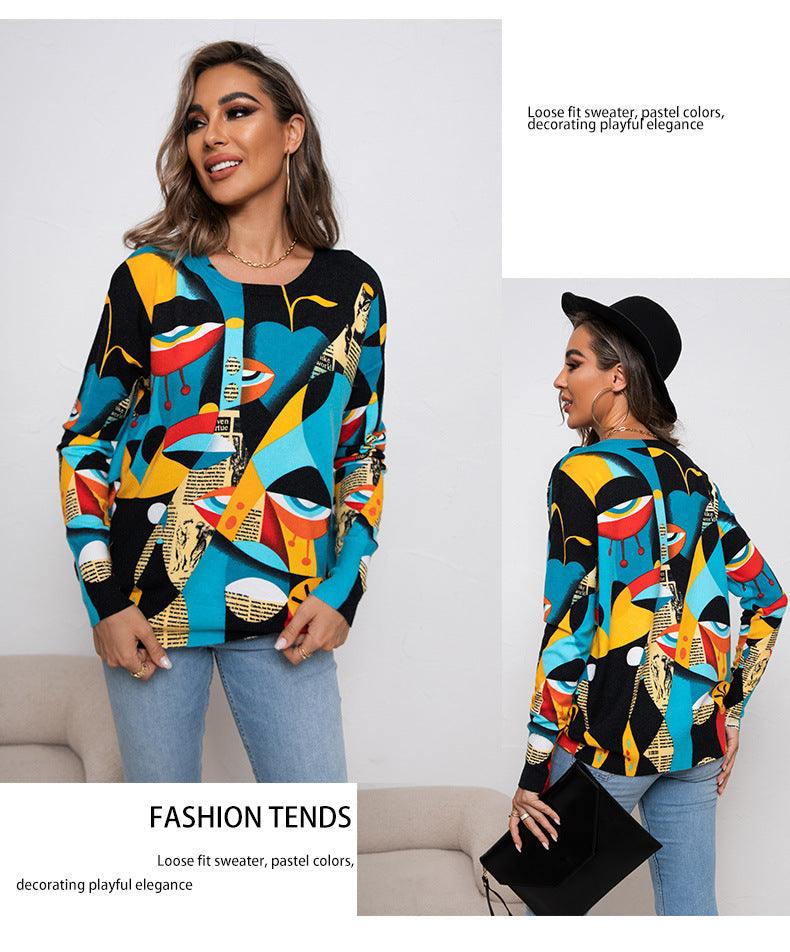 Printed Round Neck Pullover Knitted Sweater - Trendha