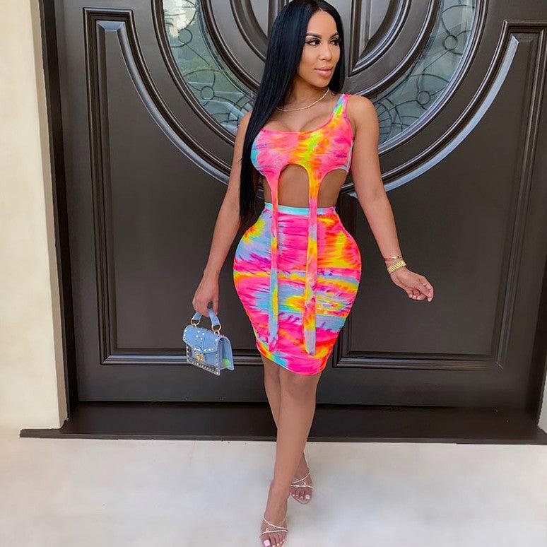 Printed Tie-dye Casual Skirt Outfit Vest Two-piece Set - Trendha