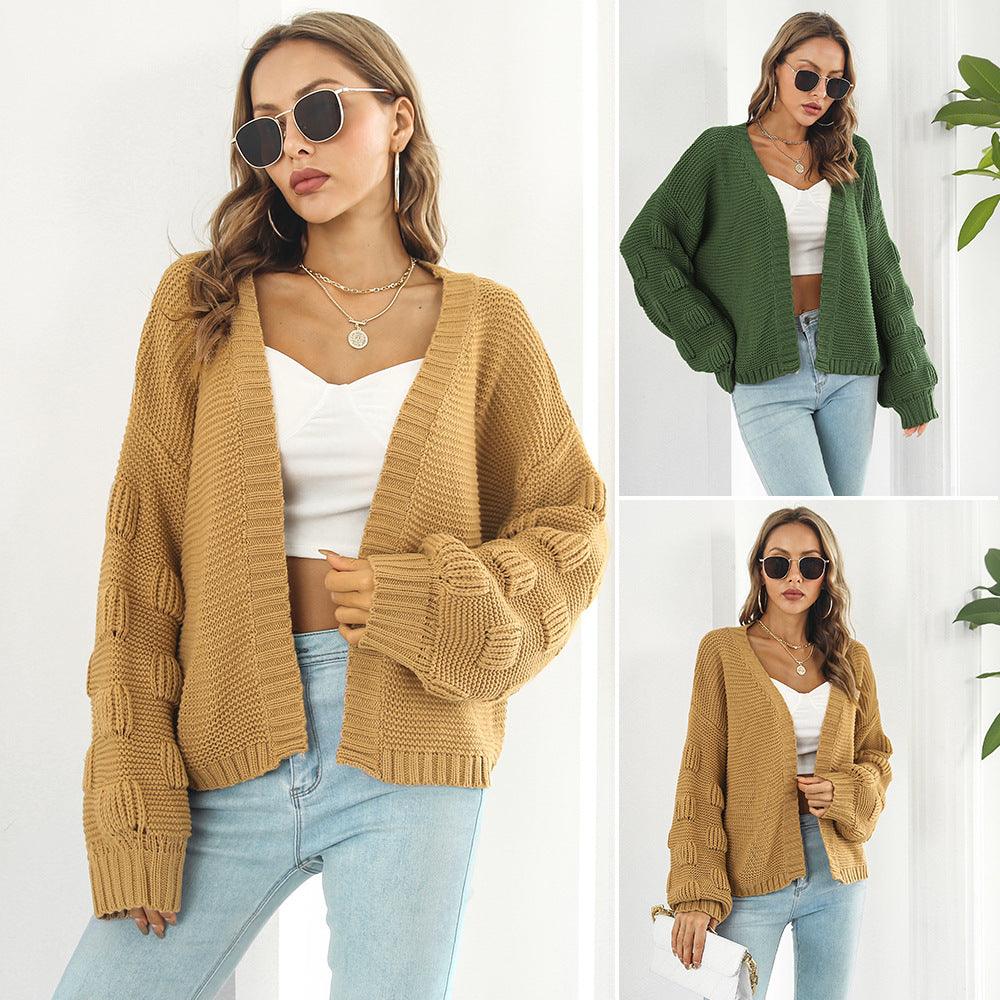 Puff Sleeve Cardigan Sweater Women Clothes Front Chunky Knitwear Coat - Trendha