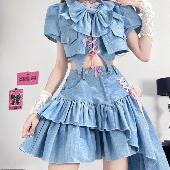 Puff Sleeve Short Coat Lace-up Sling Top High Waist Irregular Skirt Suit - Trendha