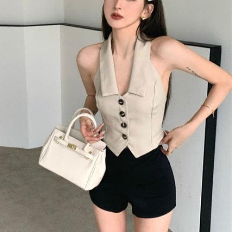 Pure Desire Chic Sweet Hot Girl Short Irregular Design Polo Collar Halter Sleeveless Knitted Vest