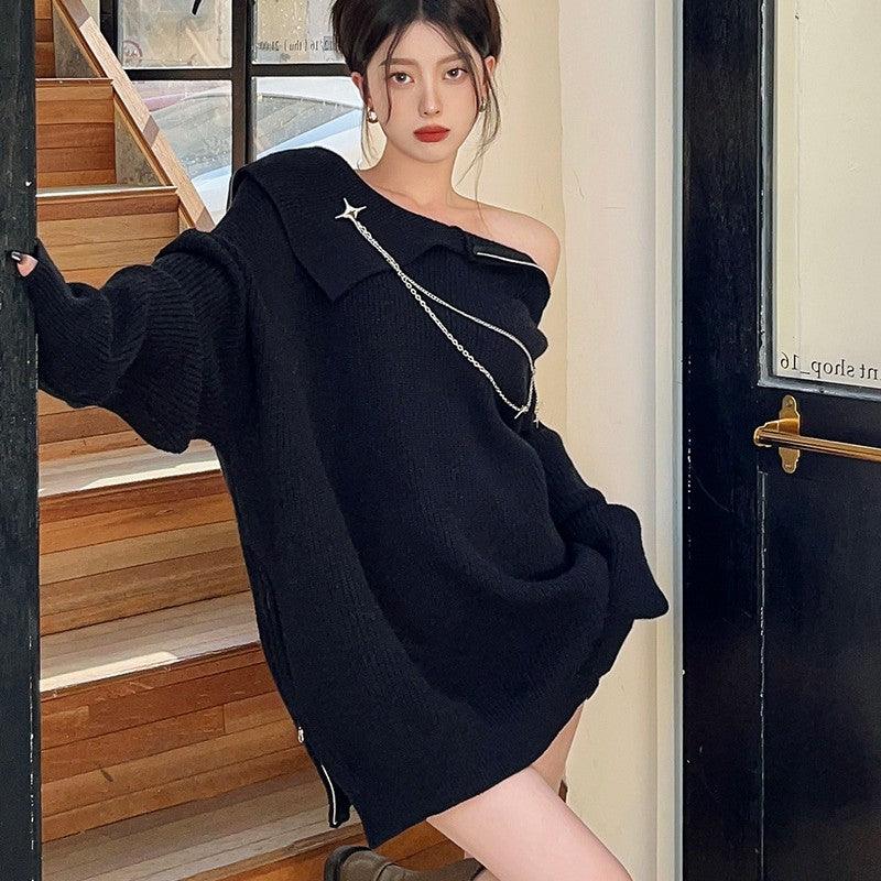 Pure Lust Off Shoulder Zipper Sweater For Women - Trendha