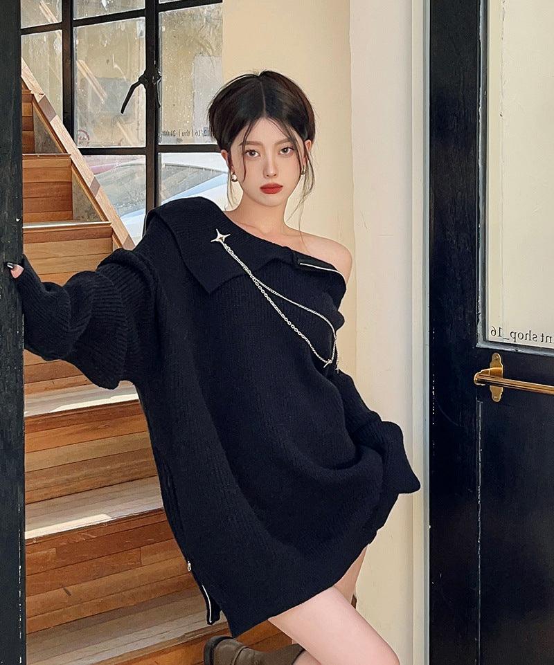 Pure Lust Off Shoulder Zipper Sweater For Women - Trendha