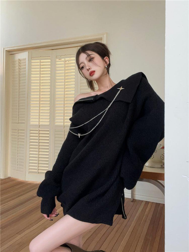 Pure Lust Off Shoulder Zipper Sweater For Women - Trendha