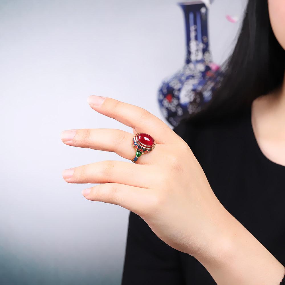 Red Corundum Ladies Ring S925 Silver Ornaments Live Hand Ornaments - Trendha