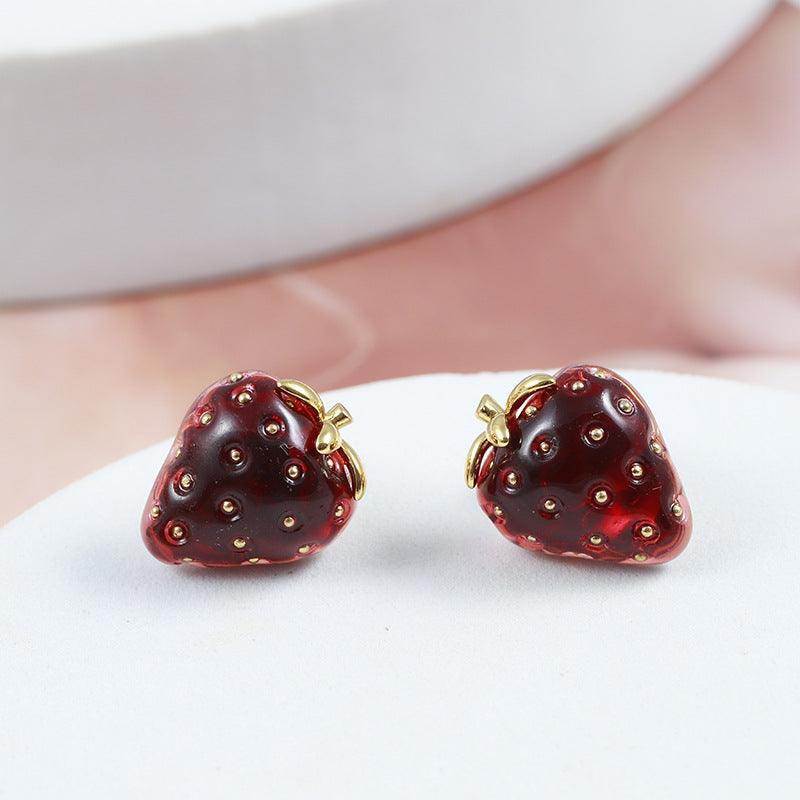 Red Resin Stereo Strawberry Stud For Girls