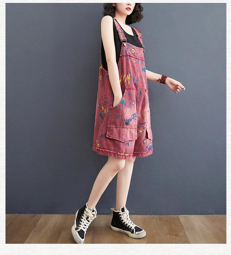 Retro Fashion Print Loose Denim Strap Shorts For Women - Trendha
