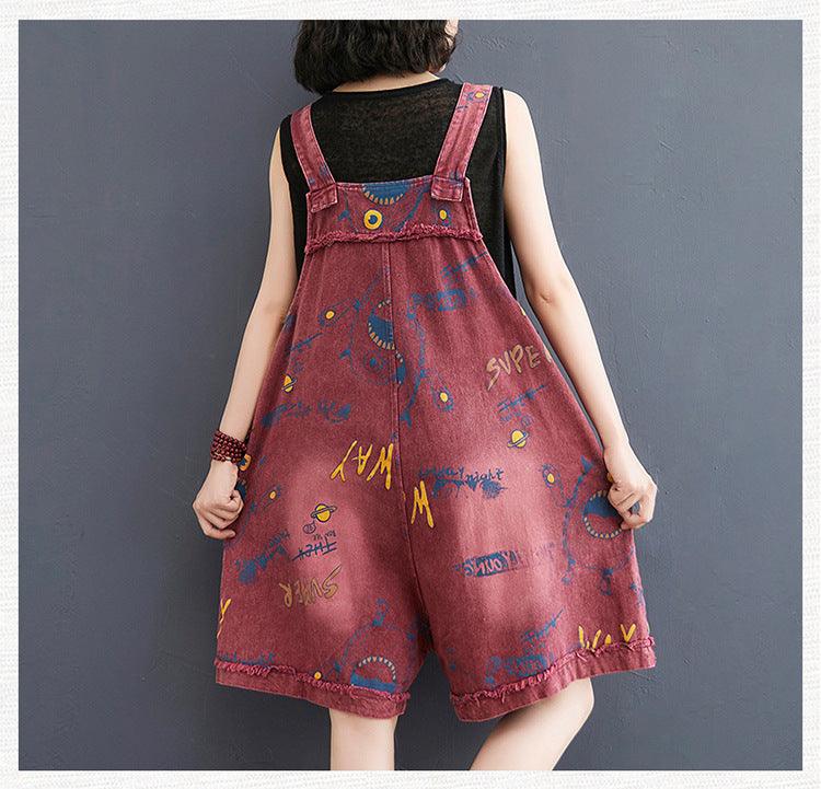 Retro Fashion Print Loose Denim Strap Shorts For Women - Trendha