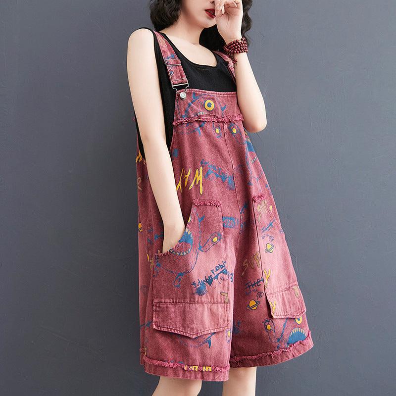 Retro Fashion Print Loose Denim Strap Shorts For Women - Trendha