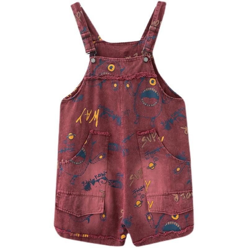 Retro Fashion Print Loose Denim Strap Shorts For Women - Trendha