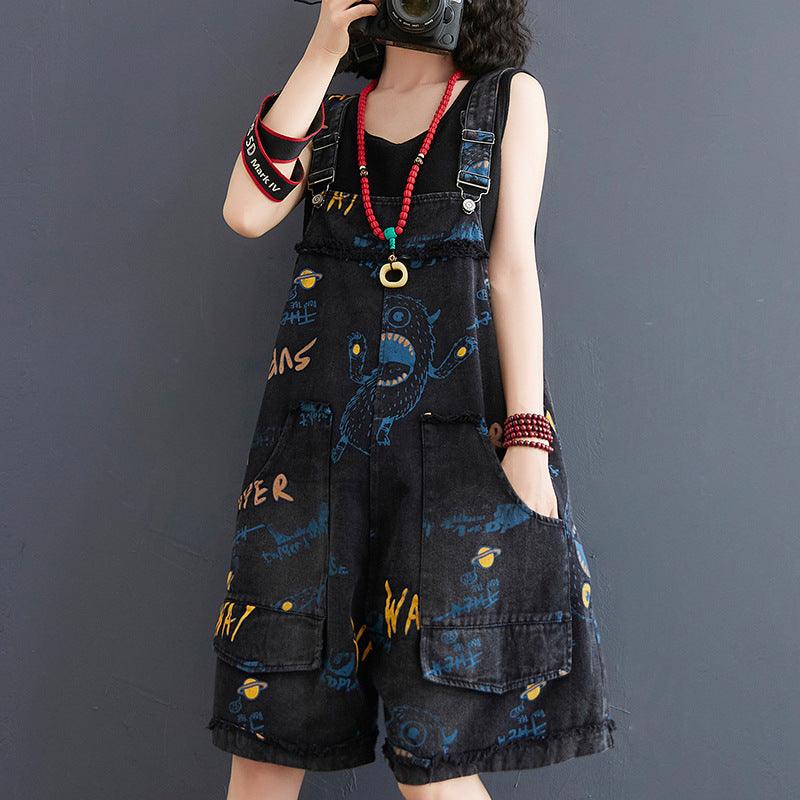 Retro Fashion Print Loose Denim Strap Shorts For Women - Trendha