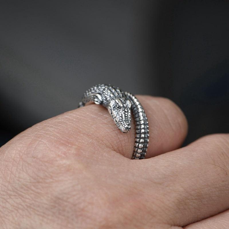 Retro Matte Craft Adjustable Ornament Crocodile Silver Ring - Trendha