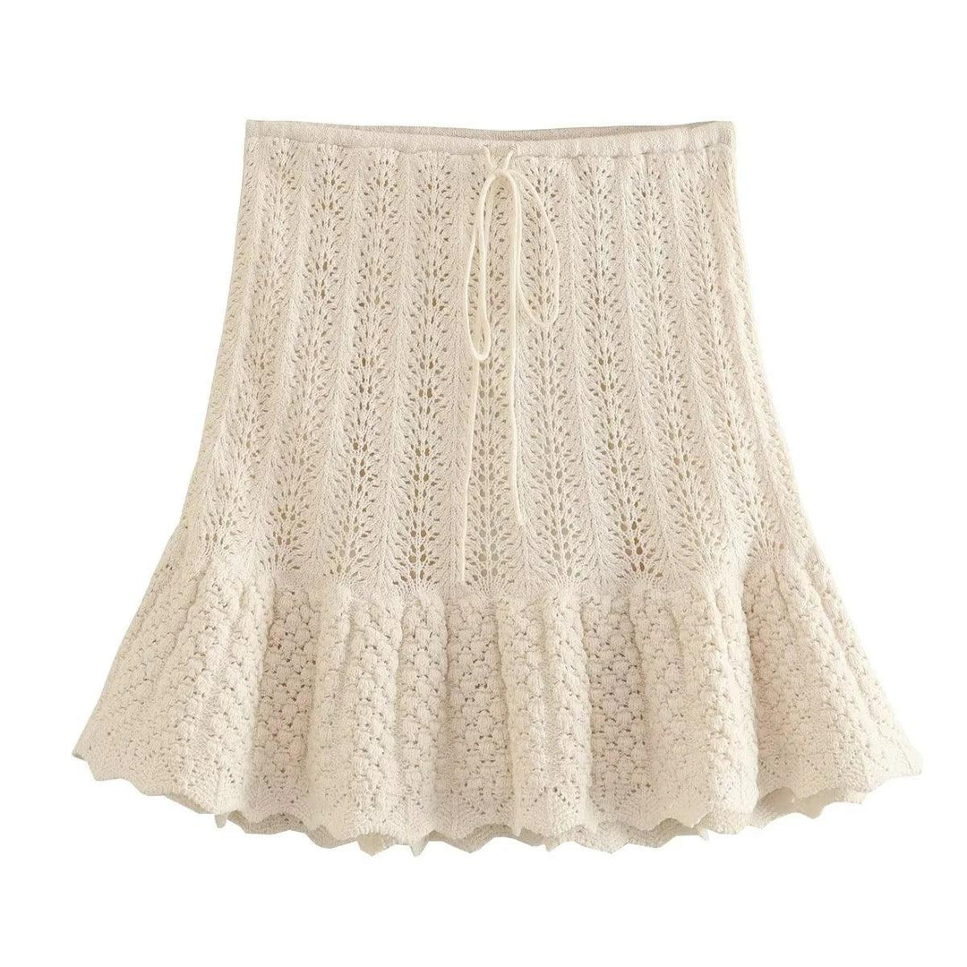 Round Neck Jacquard Mesh Hollow Out Sleeveless Knitted Top Drawstring Knitted Skirt Suit Women - Trendha