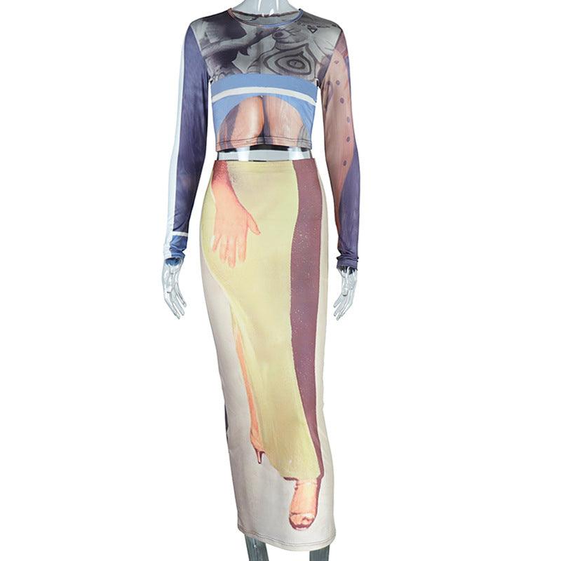 Round Neck Pullover Print Slim Skirt Suit - Trendha