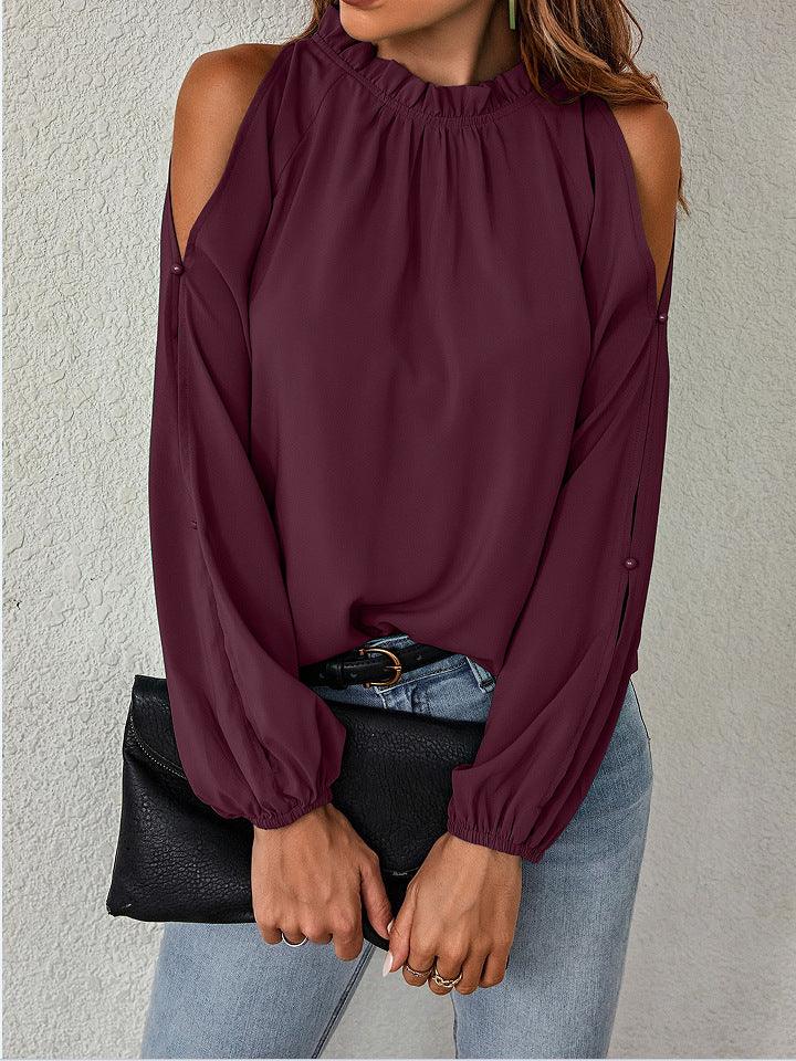 Ruffle Round Neck Long Sleeve Pleated Off-shoulder Top - Trendha