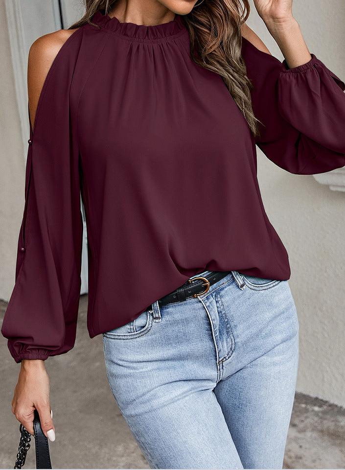 Ruffle Round Neck Long Sleeve Pleated Off-shoulder Top - Trendha