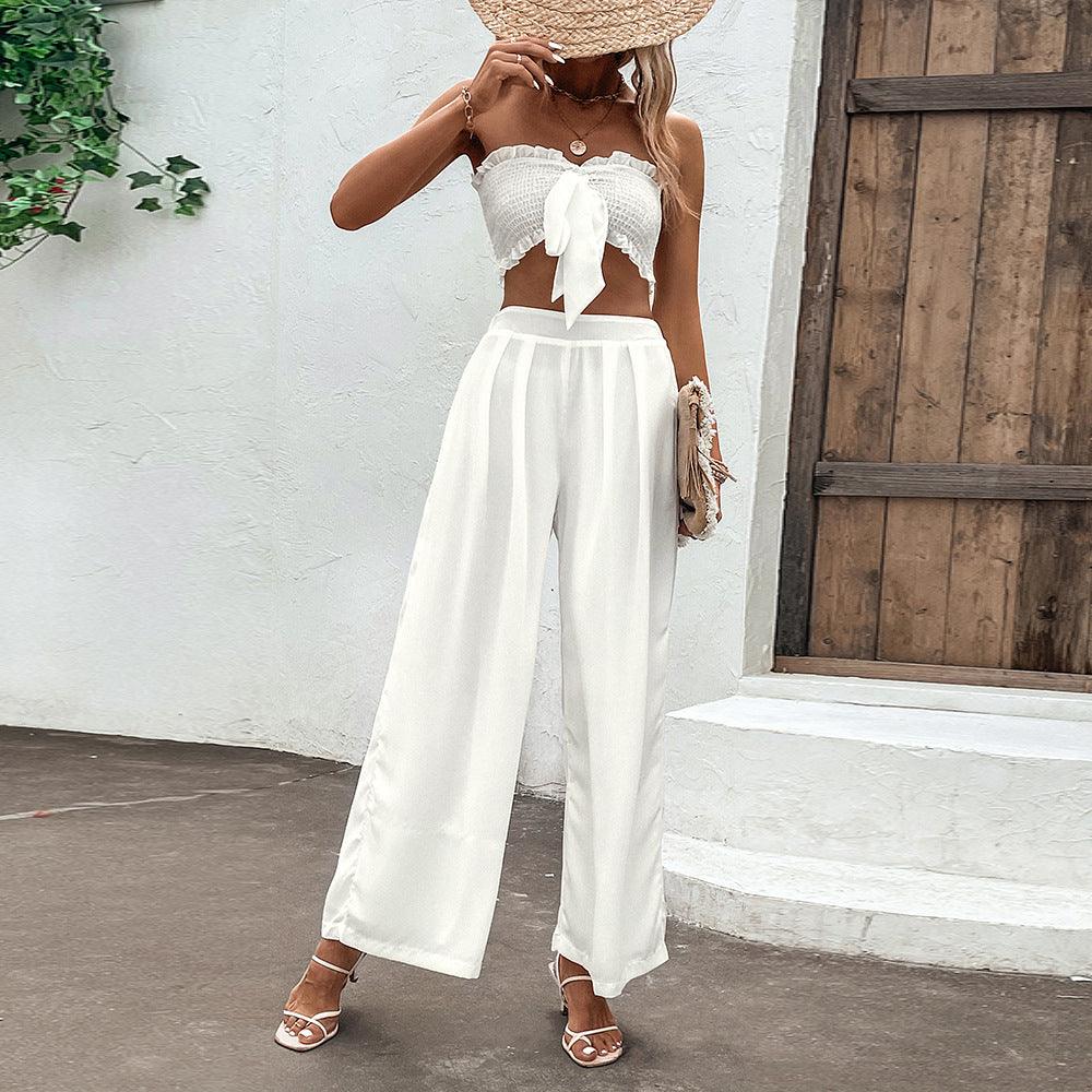 Ruffled Vest Sleeveless Midriff Outfit Long Skirt Suit - Trendha