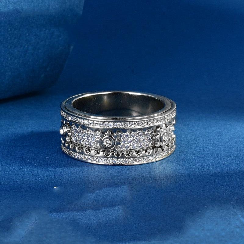 Rotating Gear-Style Silver Ring with Clear Stone Detail