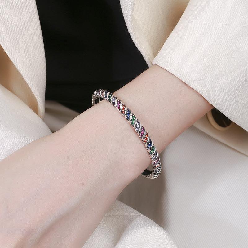 S925 Sterling Silver Geometric Colorful Tribal Elements Diamond Bracelet - Trendha