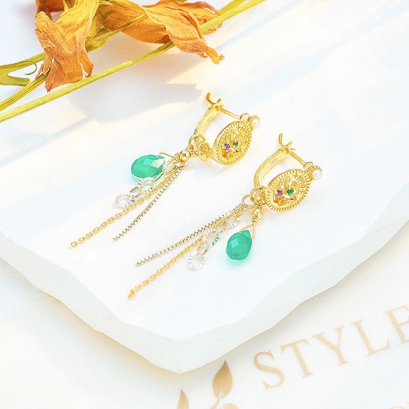 S925 Sterling Silver Green Chalcedony Earrings - Trendha