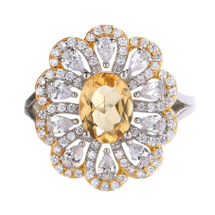 S925 Sterling Silver Inlaid Natural Citrine Flower Ring - Trendha