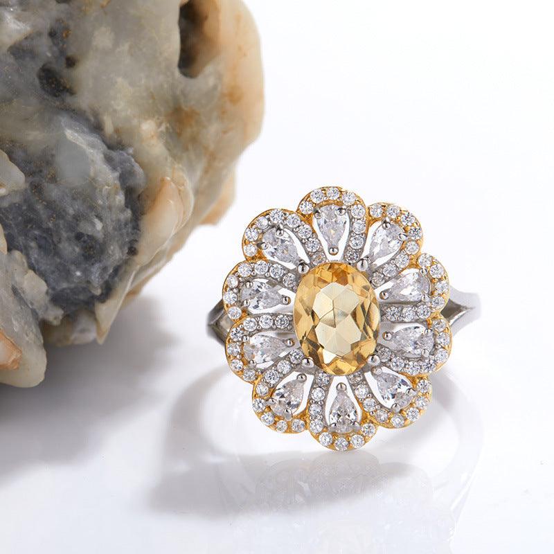 S925 Sterling Silver Inlaid Natural Citrine Flower Ring - Trendha