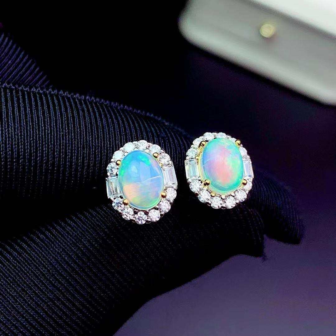 S925 Sterling Silver Natural Opal Rings Ear Studs Necklace - Trendha