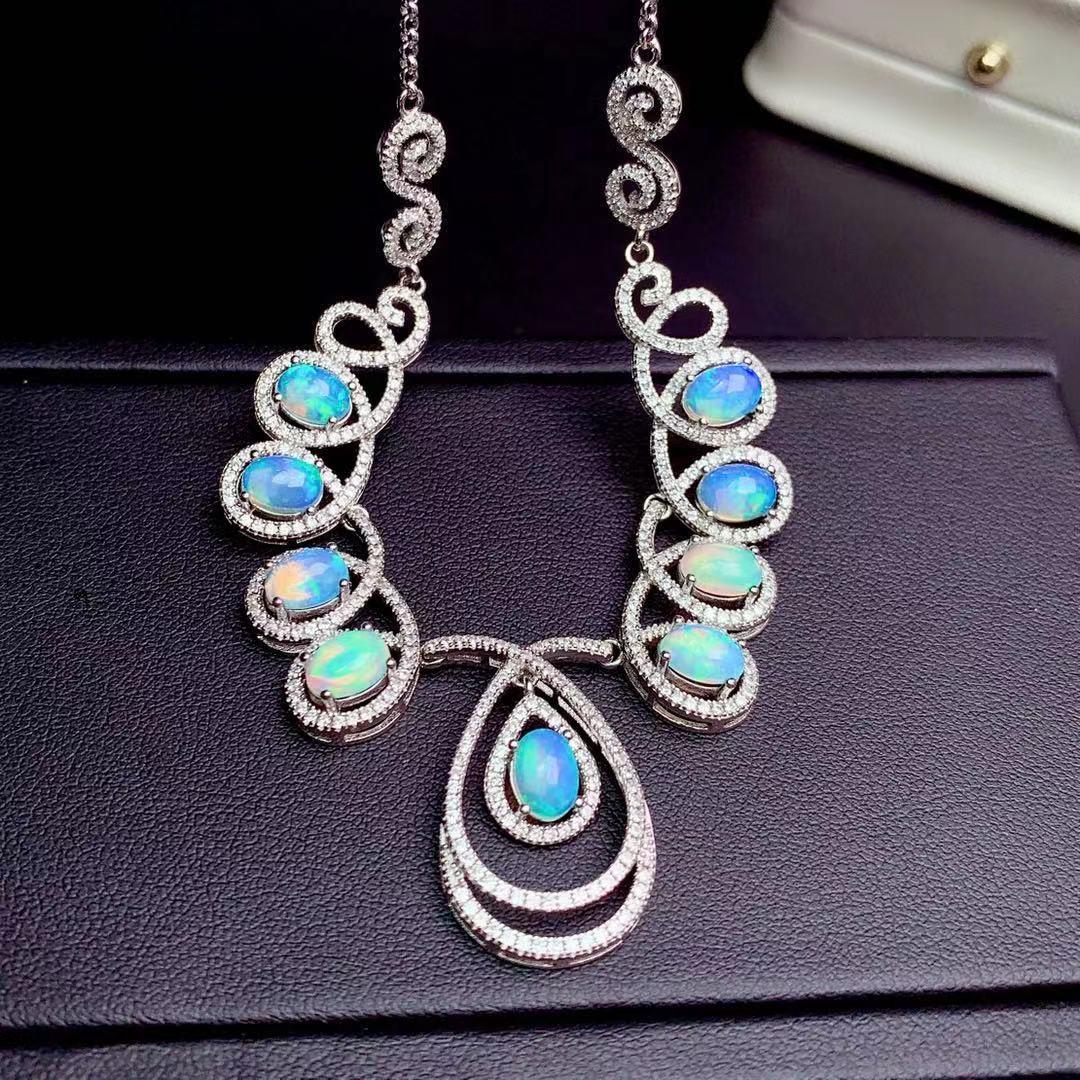 S925 Sterling Silver Natural Opal Rings Ear Studs Necklace - Trendha
