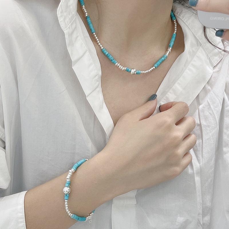 S925 Sterling Silver Turquoise Silver Bead Necklace Handmade - Trendha