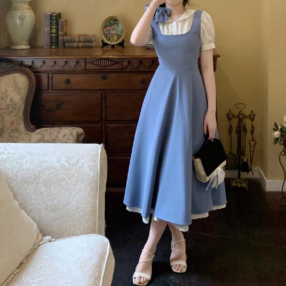 Blue Layered-Look Midi Dress with Contrast Collar