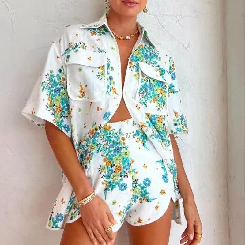 Seaside Holiday Lapel Short Sleeve Placket Hook Shirt Outfit - Trendha
