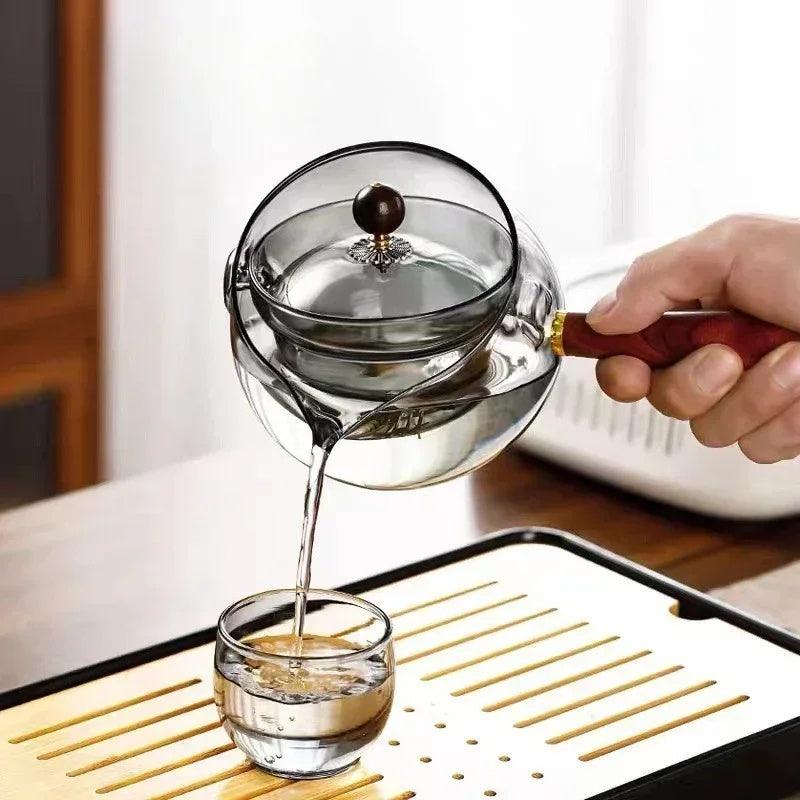 Semi-automatic Rotary Heat-resistant Glass Teapot Lazy Tea Making With Infuser And Wooden Handle Office Home Accessories Kitchen Gadgets - Trendha