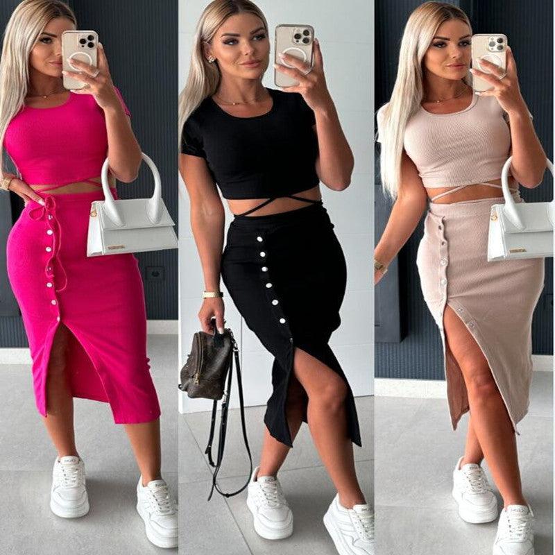 Short Sleeve Round Neck Top Button Hip-wrapped Mid-length Dress Casual Two-piece Suit - Trendha