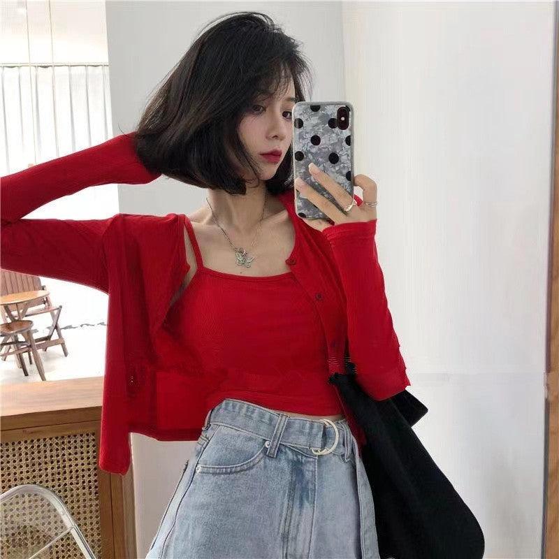 Short Suspender Vest Long Sleeved Cardigan Two-piece Set For Women - Trendha