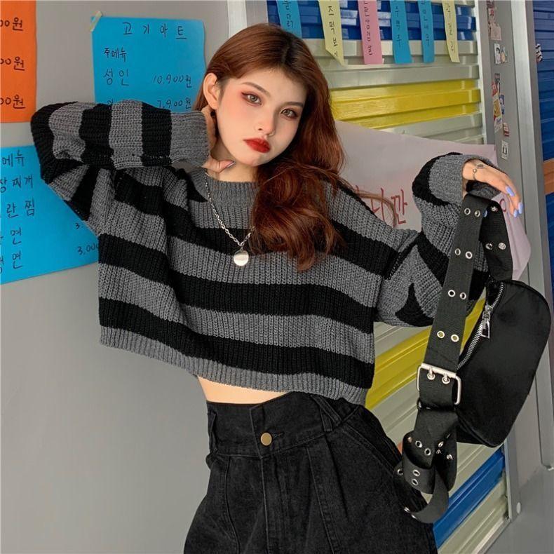 Short Top Women's Outer Wear Pullover Stripe Sweater - Trendha