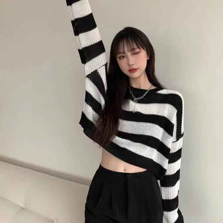 Short Top Women's Outer Wear Pullover Stripe Sweater - Trendha