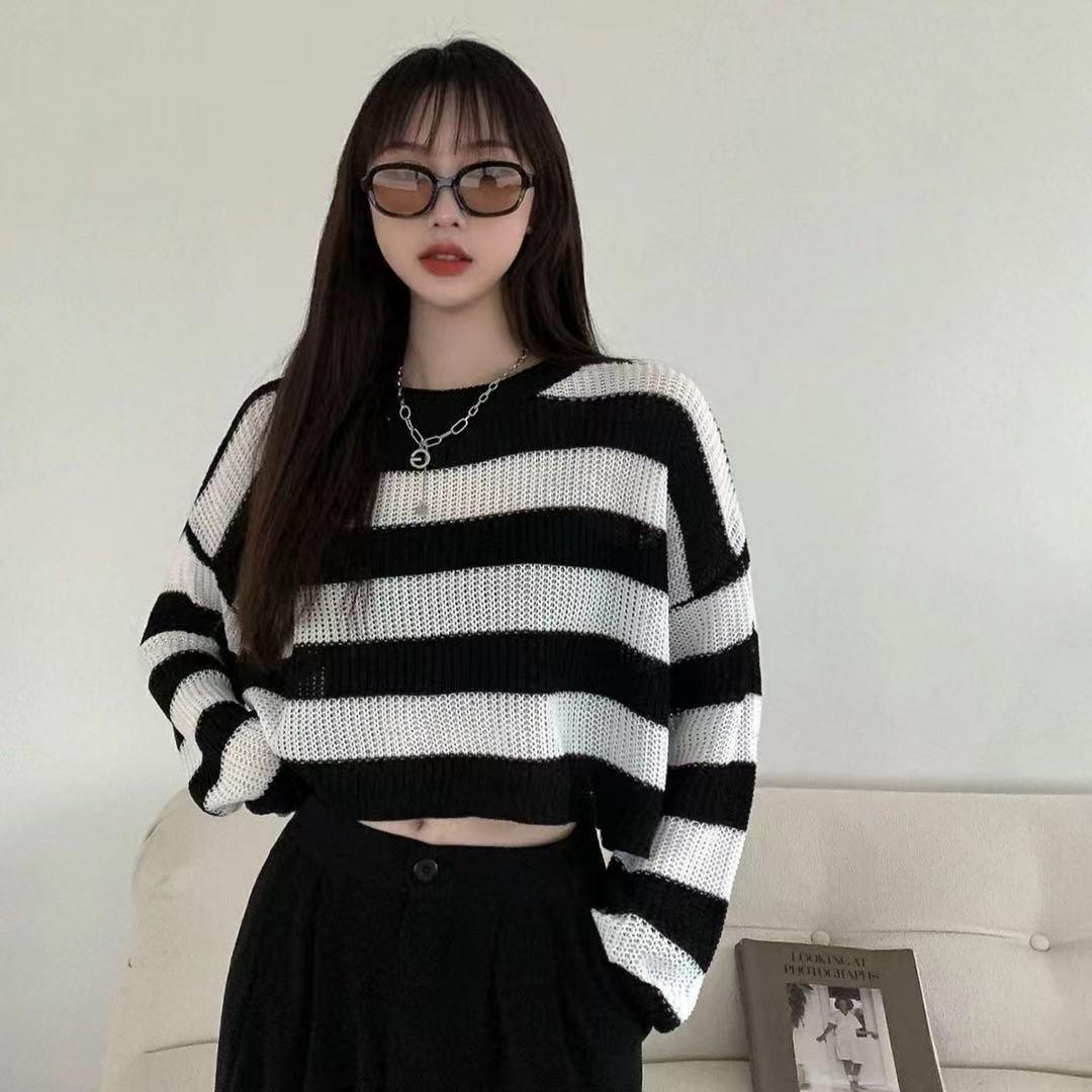 Short Top Women's Outer Wear Pullover Stripe Sweater - Trendha