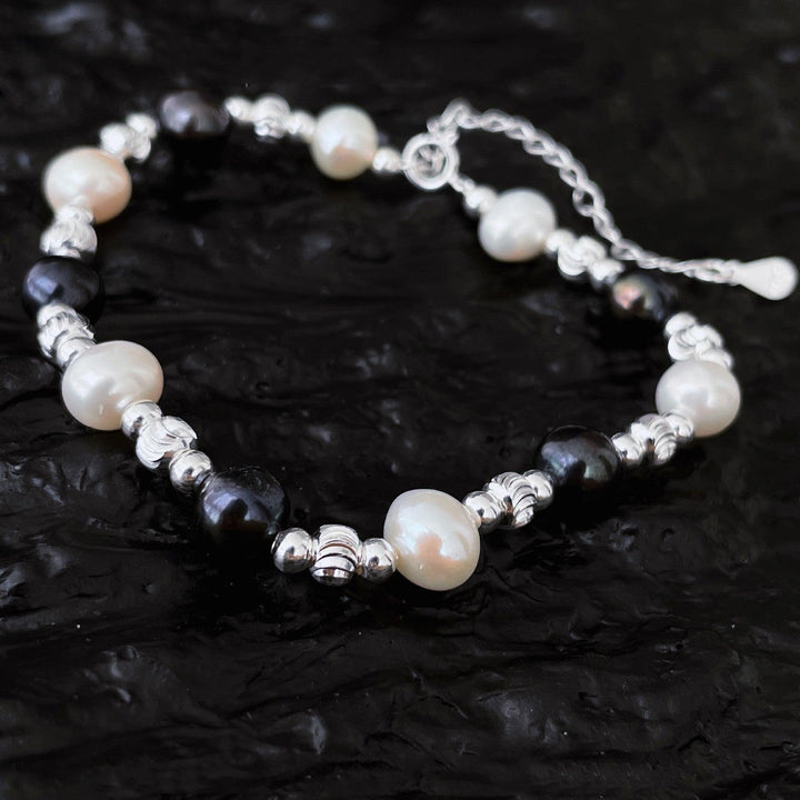 Silver Black And White Pearl Laser Bead Necklace - Trendha