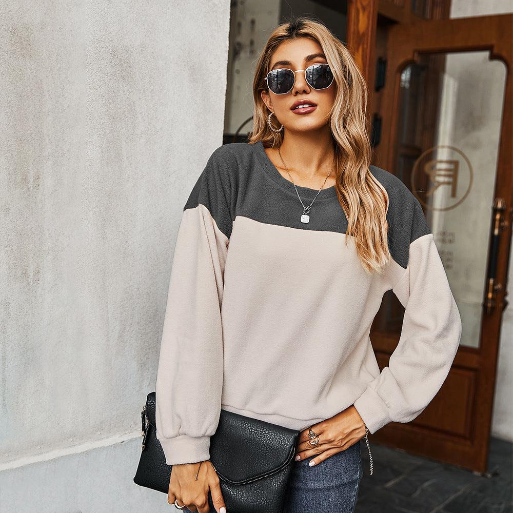 Simple Color Contrast Sweater Long-sleeved T-shirt For Women - Trendha