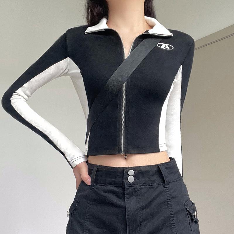 Simple Contrast Color Stitching Long Sleeve T-shirt Women's Top - Trendha