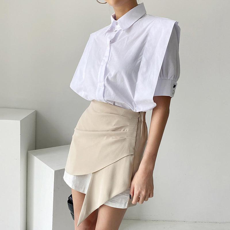 Single-breasted Loose Short Sleeve Shirt High Waist Irregular Sheath Skirt - Trendha