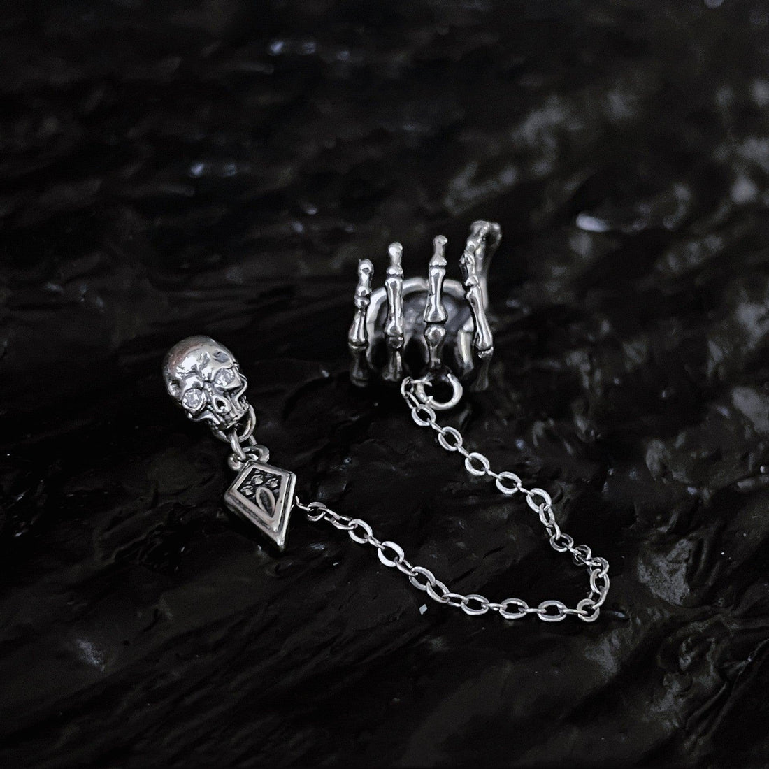 Single 925 Silver Skull and Hand Chain Earring