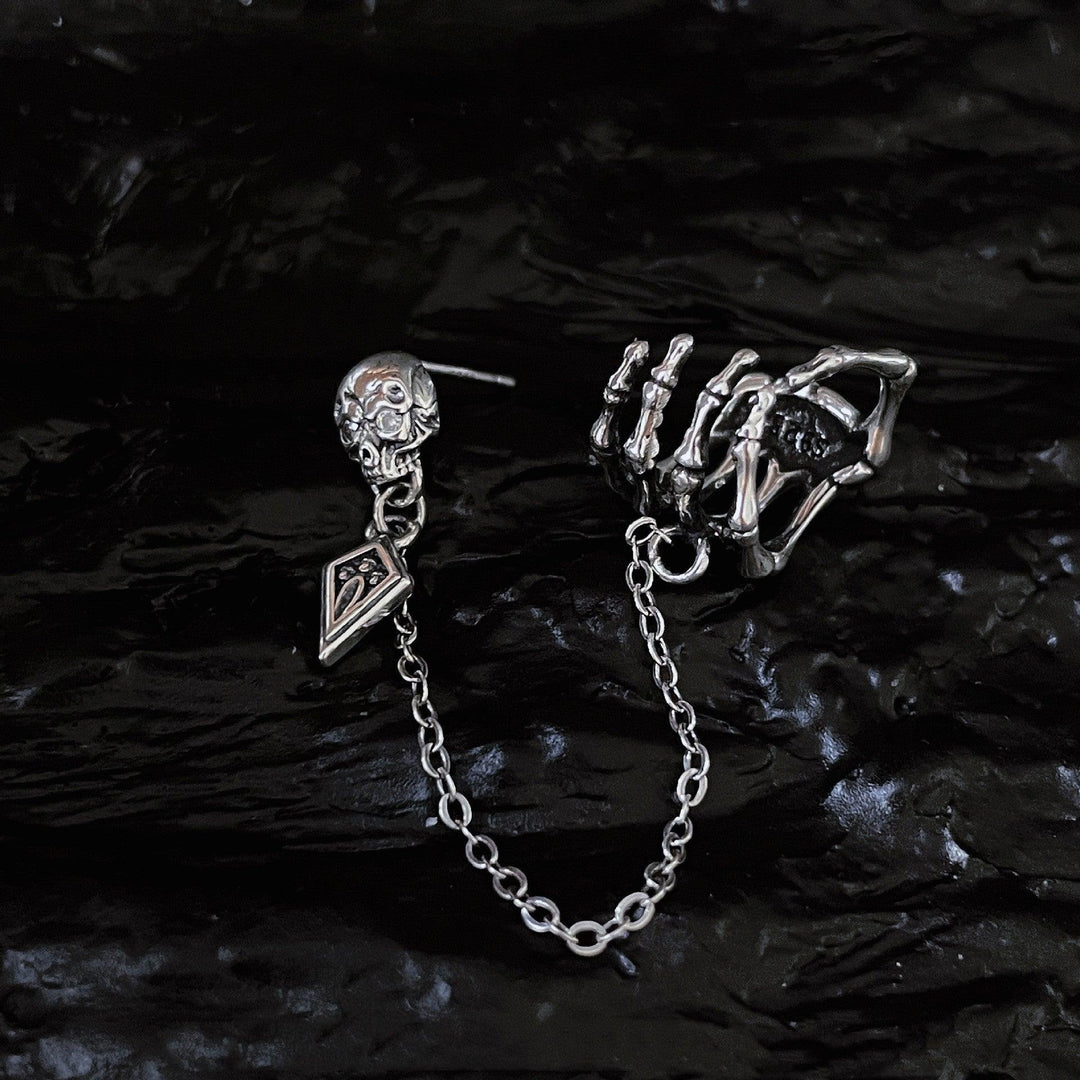Single Silver Ghost Hand Skull Stud Earrings - Trendha
